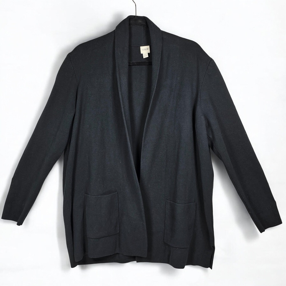 J Crew Womens Black Cardigan Sweater Open Front Pockets Woman Large 100% Cotton